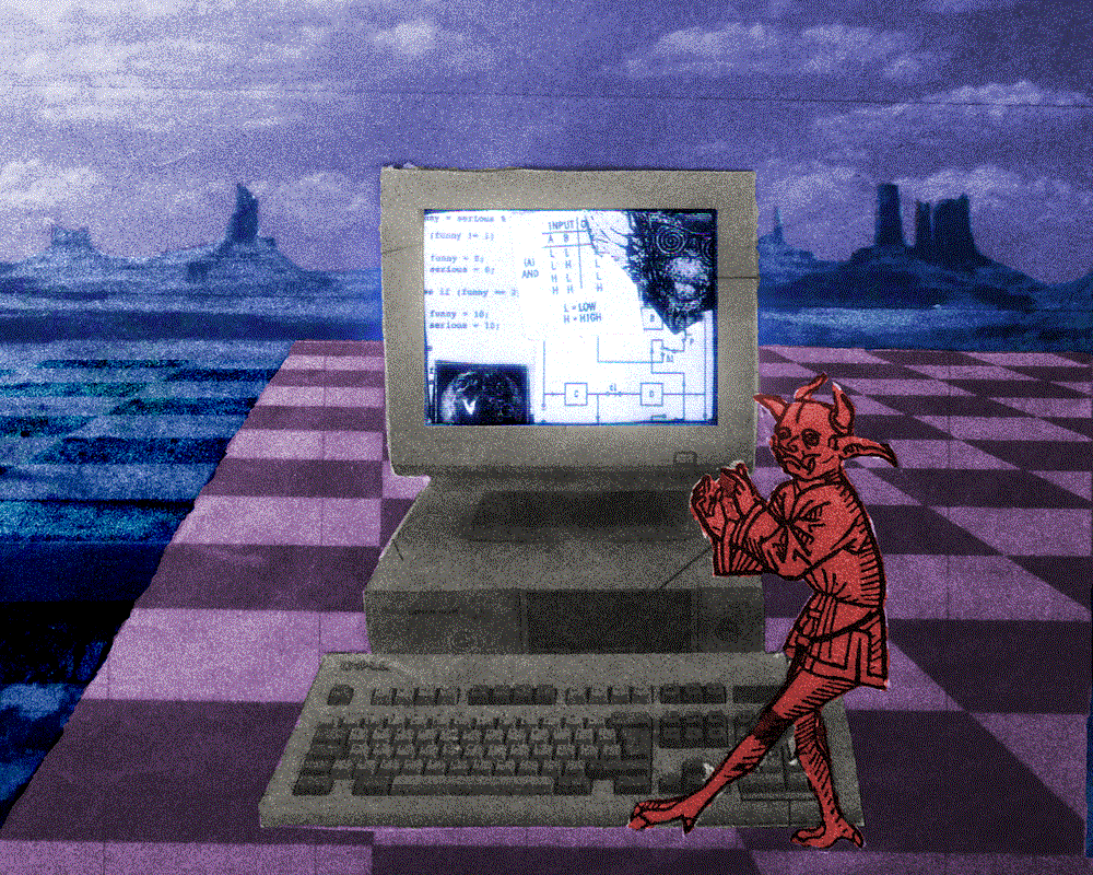 collage featuring a daemon and a computer on some strange virtual plane